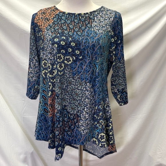 Star Vixen Tops - STAR VIXEN Royal Blue & Multicolor Scarf Point Top Blouse 1X
